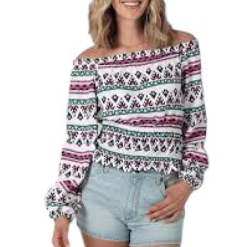 WRANGLER Retro Off The Shoulder Smocked Top Geometric Multicolor Sz S/CH/P
